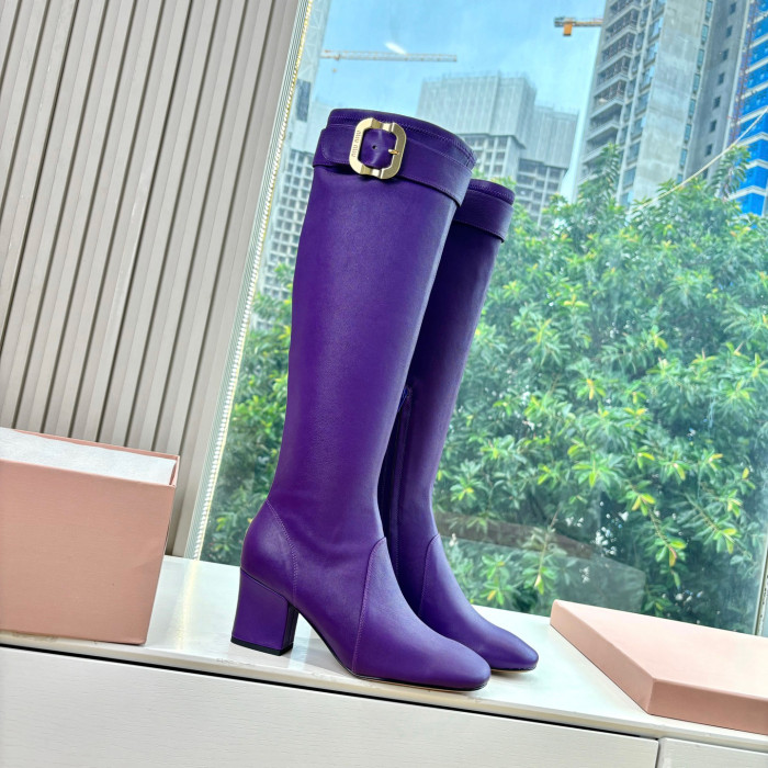 NIGO MiuMiu Women's Spring/Fall Fashion Classic Round Toe Cuffed Chunky Heel Solid Color Leather Long Boots Shoes#nigo78718
