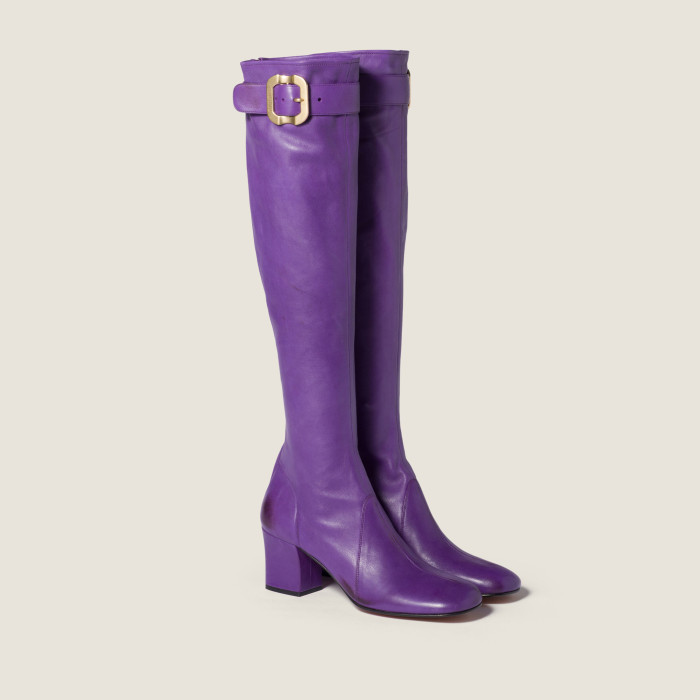 NIGO MiuMiu Women's Spring/Fall Fashion Classic Round Toe Cuffed Chunky Heel Solid Color Leather Long Boots Shoes#nigo78718