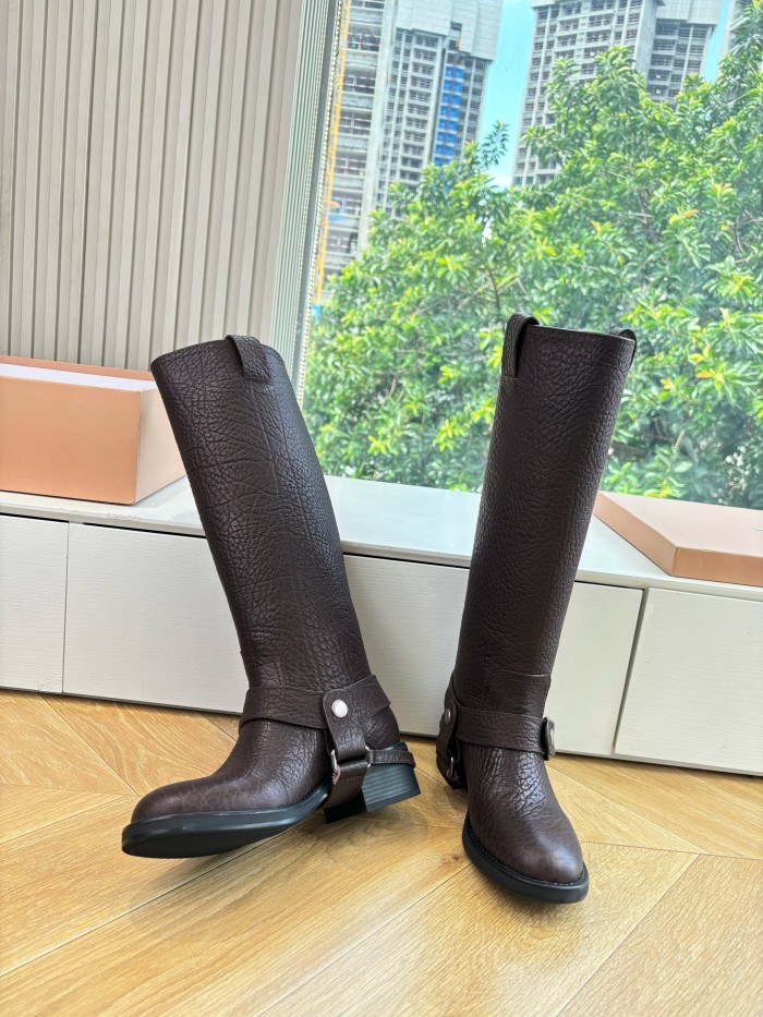 NIGO MiuMiu Women's Fall/Winter Classic Solid-Color Leather Biker-Style Long Boots Retro Rider Long Boots Shoes #nigo78721