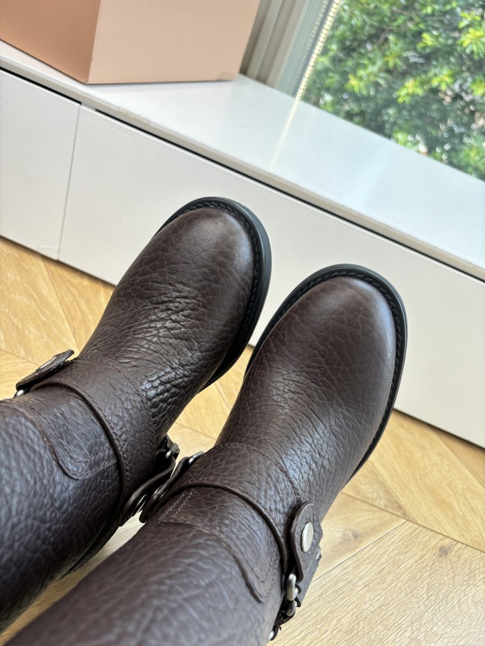 NIGO MiuMiu Women's Fall/Winter Classic Solid-Color Leather Biker-Style Long Boots Retro Rider Long Boots Shoes #nigo78721