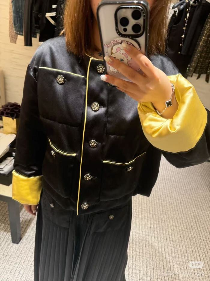 NIGO Chanel Women's Autumn And Winter Silk Color Blocking Short Cotton Jacket Fashion Exquisite Black Yellow Flash Diamond Button Luxury Jacket Ngvp #nigo2465