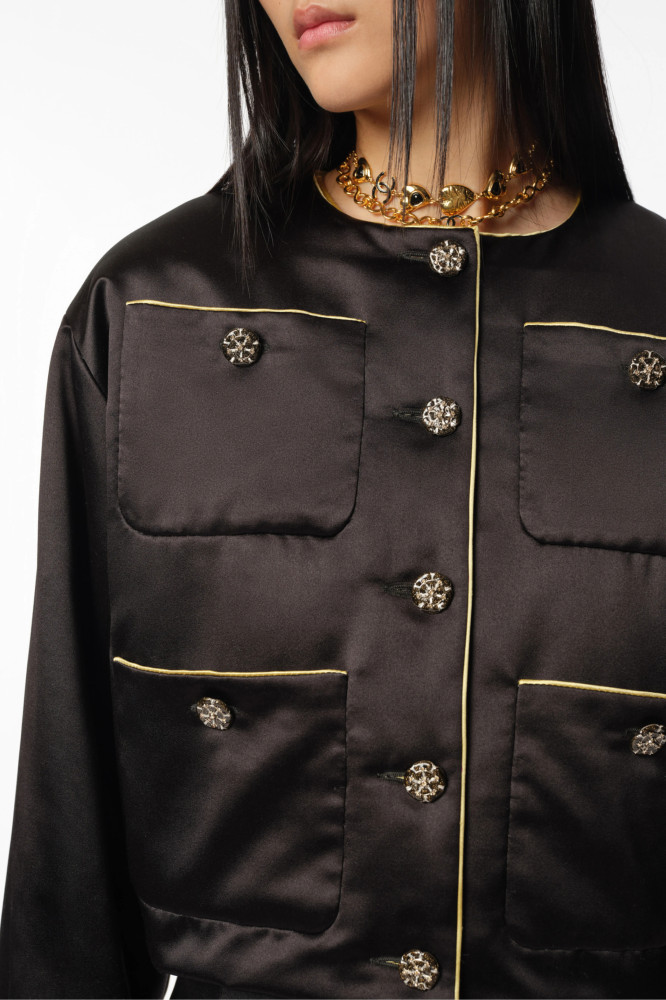 NIGO Chanel Women's Autumn And Winter Silk Color Blocking Short Cotton Jacket Fashion Exquisite Black Yellow Flash Diamond Button Luxury Jacket Ngvp #nigo2465