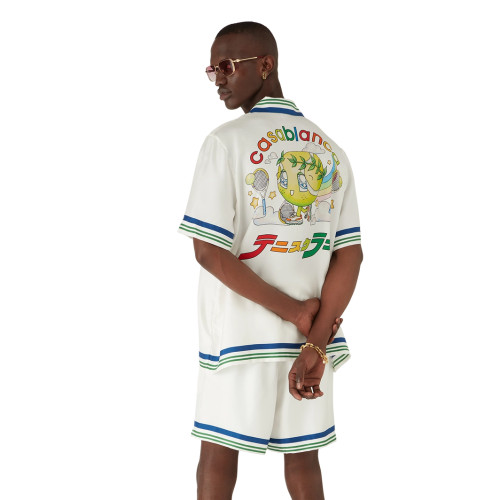 NIGO Casablanca Men's Summer Fashion Casual Doll Print Tennis Pattern Collared Single Breasted Short Sleeve Silk Shirt with Waist Elastic Silk Shorts Suit Set #nigo78746