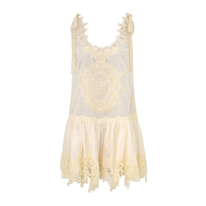 NIGO Zimmermann Women's Cascadian Lace Embroidered Contrast Color Patchwork Print V-Neck Summer Sleeveless Mini Dress #nigo81568