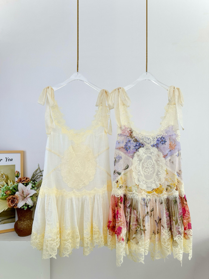 NIGO Zimmermann Women's Cascadian Lace Embroidered Contrast Color Patchwork Print V-Neck Summer Sleeveless Mini Dress #nigo81568