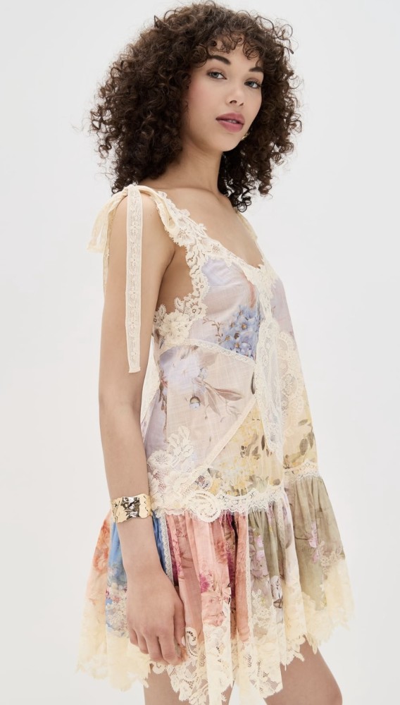 NIGO Zimmermann Women's Cascadian Lace Embroidered Contrast Color Patchwork Print V-Neck Summer Sleeveless Mini Dress #nigo81568
