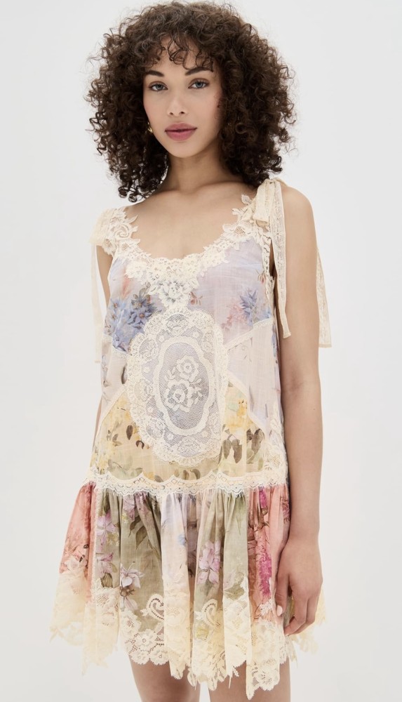 NIGO Zimmermann Women's Cascadian Lace Embroidered Contrast Color Patchwork Print V-Neck Summer Sleeveless Mini Dress #nigo81568