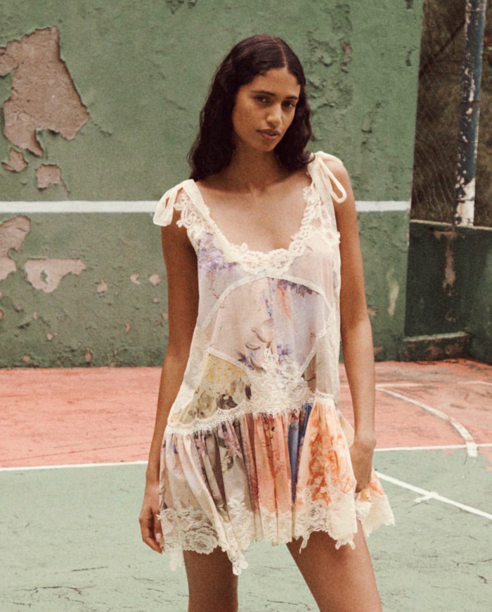 NIGO Zimmermann Women's Cascadian Lace Embroidered Contrast Color Patchwork Print V-Neck Summer Sleeveless Mini Dress #nigo81568