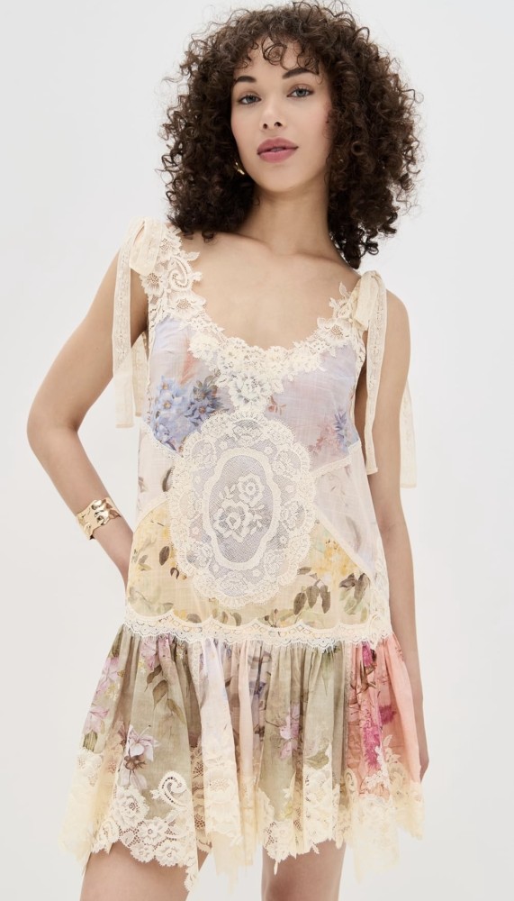NIGO Zimmermann Women's Cascadian Lace Embroidered Contrast Color Patchwork Print V-Neck Summer Sleeveless Mini Dress #nigo81568