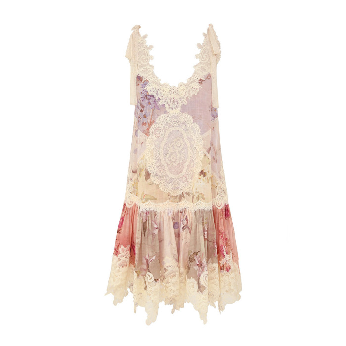 NIGO Zimmermann Women's Cascadian Lace Embroidered Contrast Color Patchwork Print V-Neck Summer Sleeveless Mini Dress #nigo81568