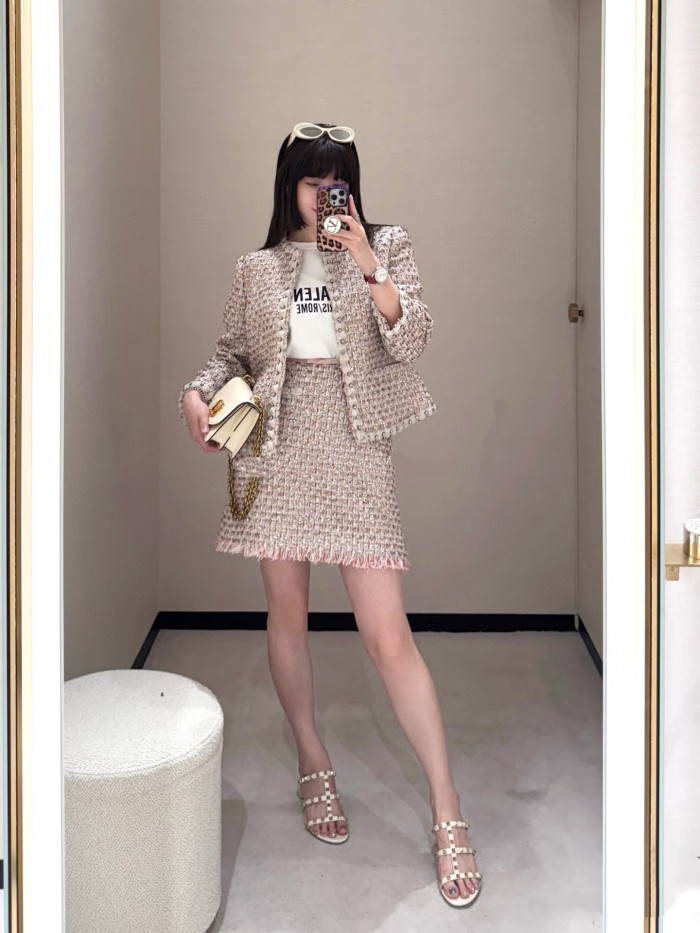 NIGO Valentino ﻿Women's Spring/Summer/Fall Striped Knit Long-Sleeve Embroidered Ribbon Tweed Jacket Casual Solid-Color Mid-Waist Skirt Ngvp #nigo2384