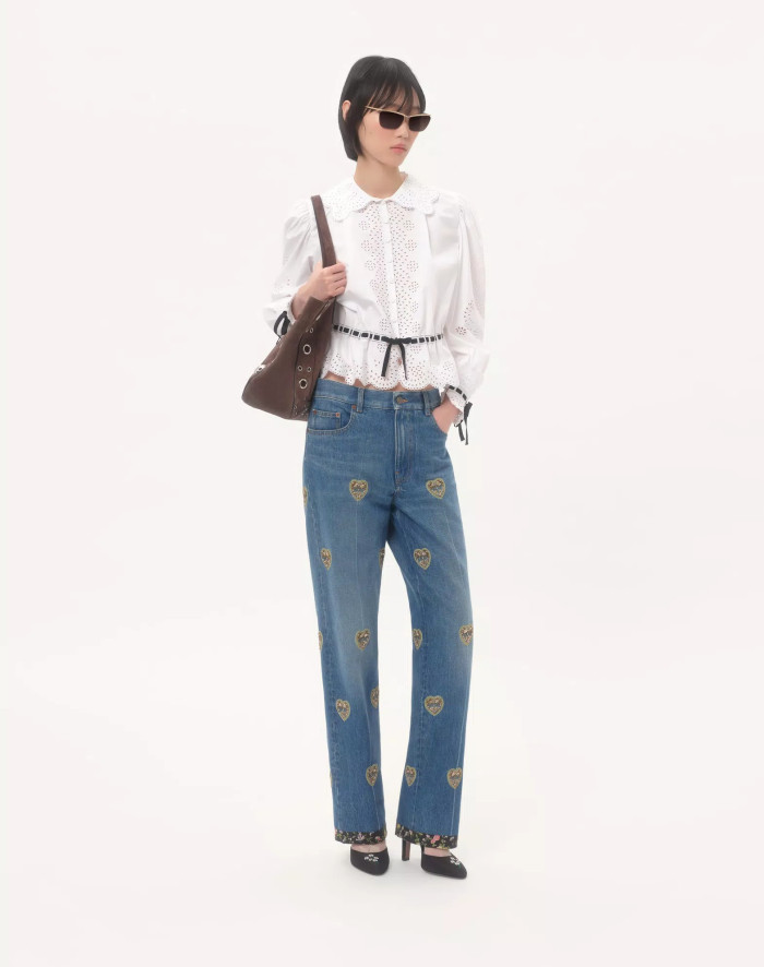 NIGO Valentino Women's Four-Season Vintage Heart-Shaped Embroidered Floral Beaded Solid-Color Denim Jeans Pants Ngvp #nigo2379