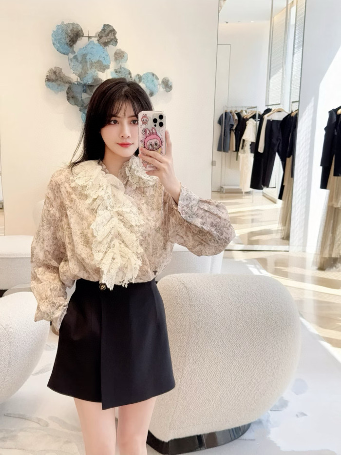 NIGO Dior Women's Spring/Fall Floral Print Lace Ruffled Collar Cotton Embroidered Solid Color Long-Sleeve Loose Fit Shirt Ngvp #nigo2382