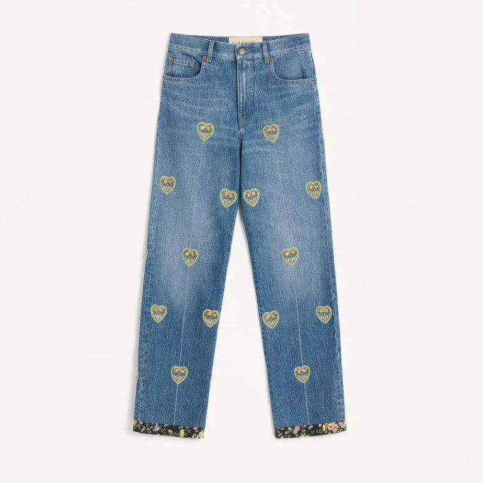 NIGO Valentino Women's Four-Season Vintage Heart-Shaped Embroidered Floral Beaded Solid-Color Denim Jeans Pants Ngvp #nigo2379