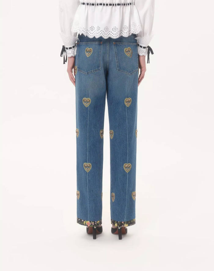 NIGO Valentino Women's Four-Season Vintage Heart-Shaped Embroidered Floral Beaded Solid-Color Denim Jeans Pants Ngvp #nigo2379
