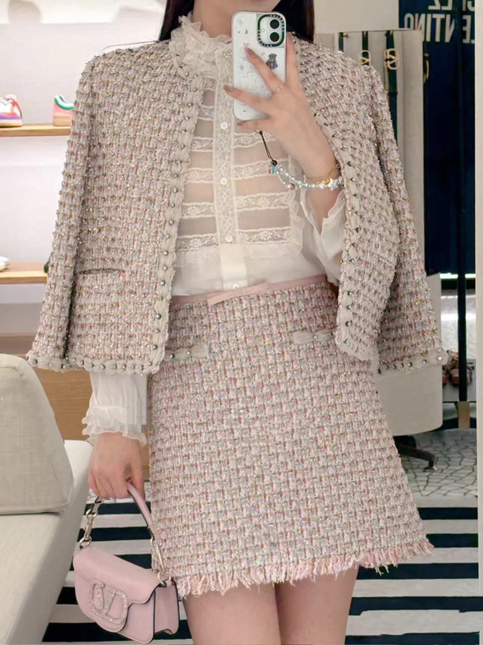 NIGO Valentino ﻿Women's Spring/Summer/Fall Striped Knit Long-Sleeve Embroidered Ribbon Tweed Jacket Casual Solid-Color Mid-Waist Skirt Ngvp #nigo2384