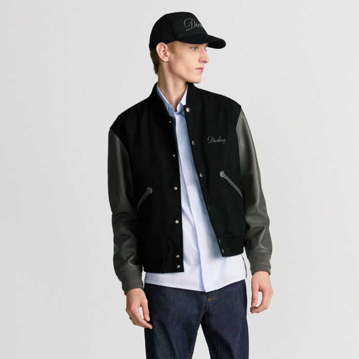 NIGO Dior Men's Spring/Fall Casual Fashion Crew Neck Single-Button Wool Tweed Jacket Leather Baseball Jacket #nigo78774