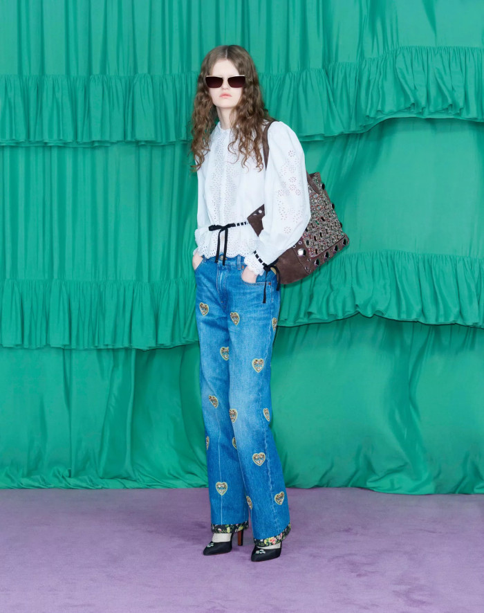 NIGO Valentino Women's Four-Season Vintage Heart-Shaped Embroidered Floral Beaded Solid-Color Denim Jeans Pants Ngvp #nigo2379