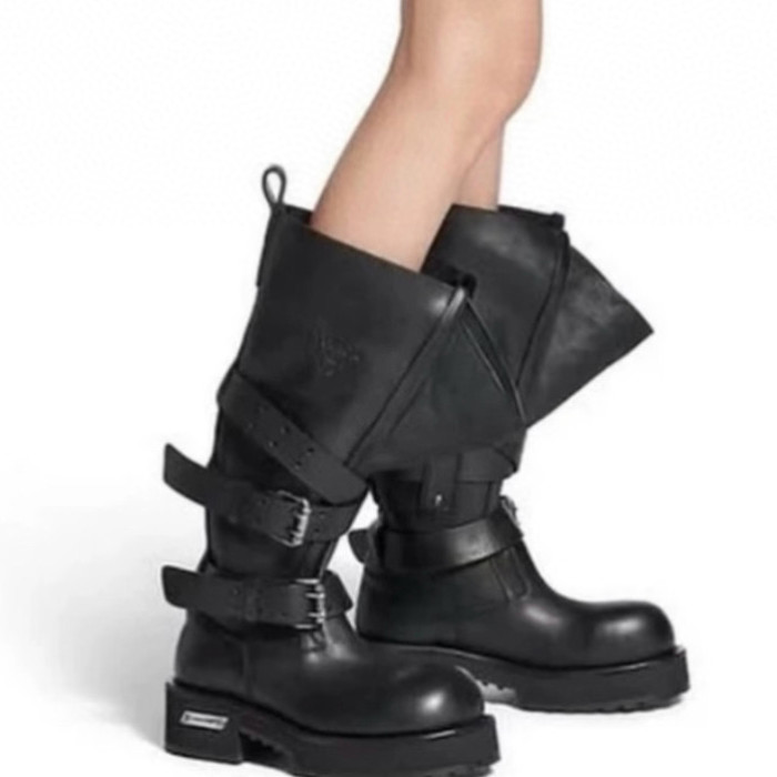NIGO Balenciaga VENOM Men's  Fall/Winter Fashion Solid Color Round Toe Slip On Leather Buckle Fastened Knee High Boots Shoes #nigo78771