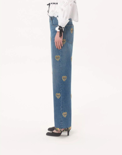 NIGO Valentino Women's Four-Season Vintage Heart-Shaped Embroidered Floral Beaded Solid-Color Denim Jeans Pants Ngvp #nigo2379