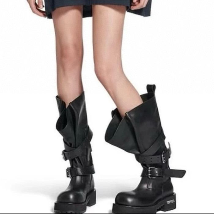 NIGO Balenciaga VENOM Men's  Fall/Winter Fashion Solid Color Round Toe Slip On Leather Buckle Fastened Knee High Boots Shoes #nigo78771
