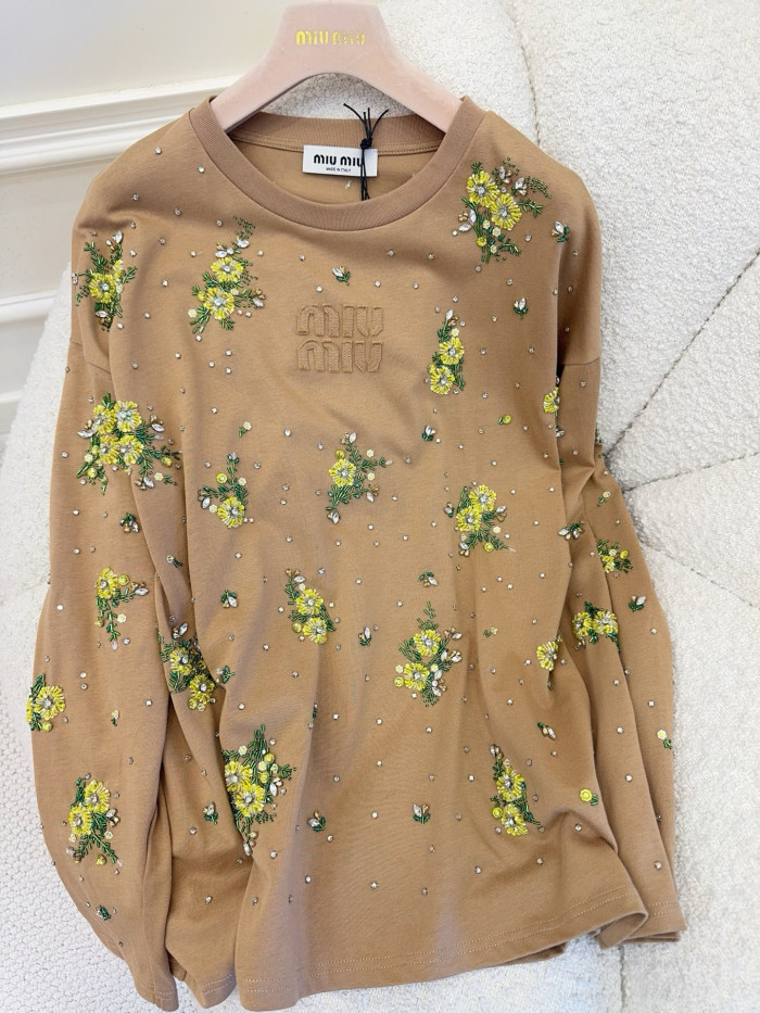 NIGO MiuMiu Women's Spring/Fall Fashion Casual Crewneck Pullover Hand-Embellished Rhinestone Floral Long-Sleeve T-Shirt #nigo78789