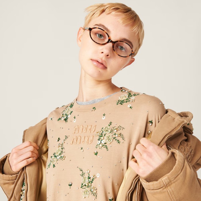 NIGO MiuMiu Women's Spring/Fall Fashion Casual Crewneck Pullover Hand-Embellished Rhinestone Floral Long-Sleeve T-Shirt #nigo78789