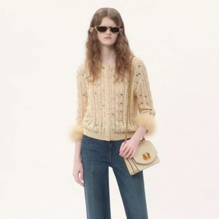 NIGO Valentino Women's Fall/Winter Beaded Solid-Color Embroidered Feather-Sleeve Crew Neck Single-bleated Button Knit Cardigan Ngvp #nigo2381