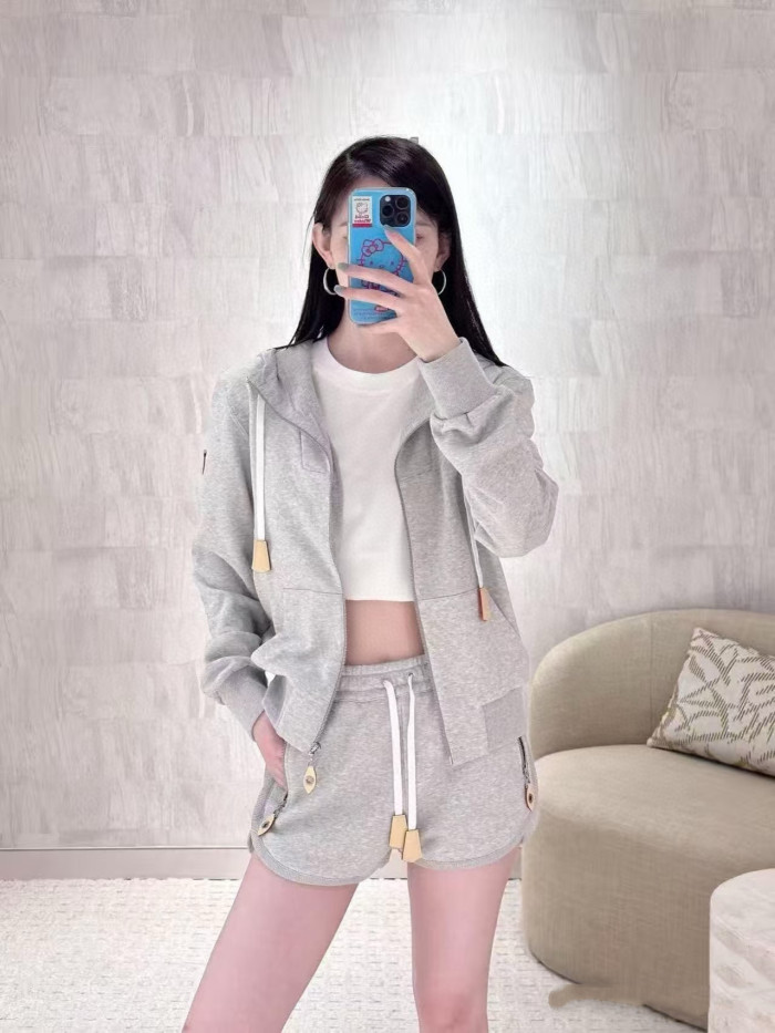 NIGO Louis Vuitton Women's Spring/Summer/Fall Leather-Detailed Zipper Cotton Long-Sleeve Hooded Sweatshirt Casual Solid-Color Drawstring Joggers Shorts Ngvp #nigo2383