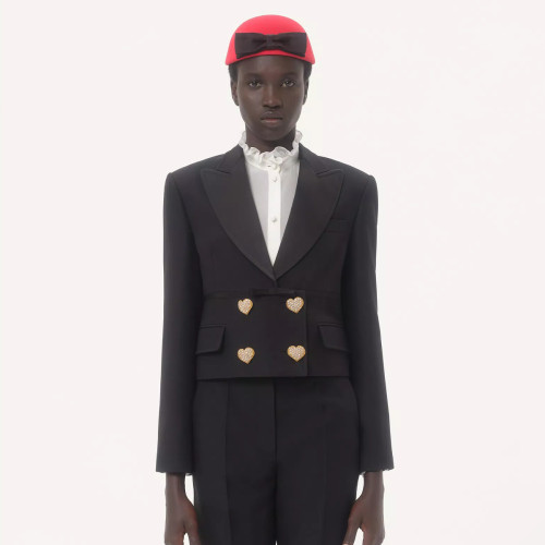 NIGO Women's Fall/Winter Vintage Diamond-Studded Heart Button Solid-Color Silk-Blend Wool Lapel Long-Sleeve Crepe Couture Blazer Jacket Ngvp #nigo2385