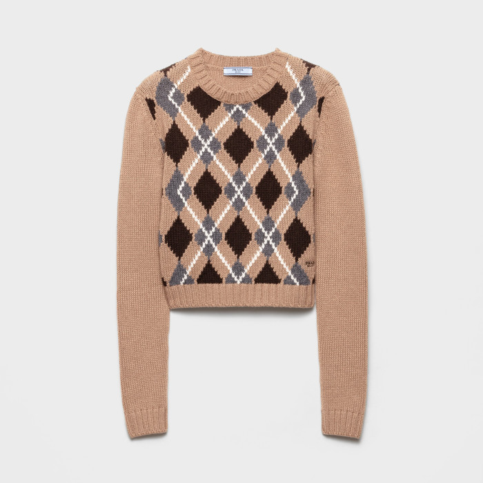NIGO Prada Women's Fall/Winter Fashion Casual Crewneck Pullover Diamond Pattern Cashmere Short Sleeve Sweater #nigo78788