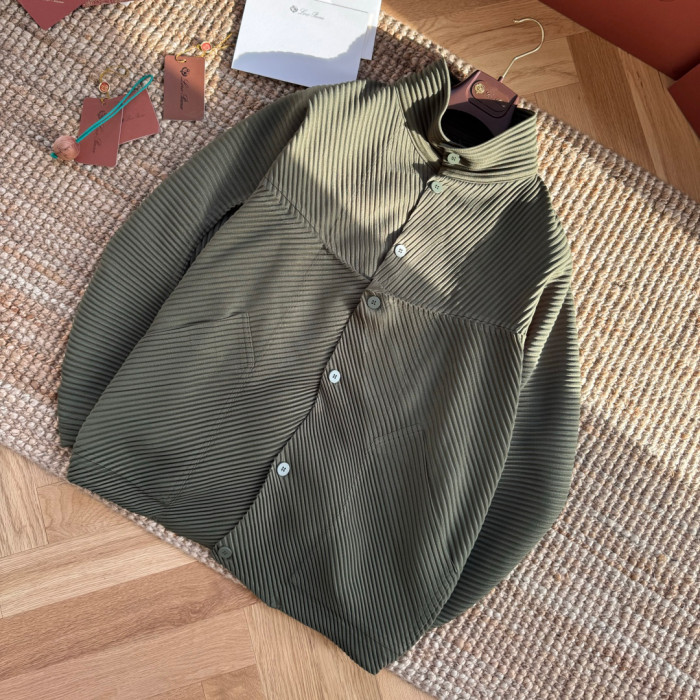 NIGO Issey Miyake Men's And Women's Spring/Fall Fashion Casual Solid Color Single Button Long Sleeve Striped Stand Up Collar Pleated Jacket #nigo78833