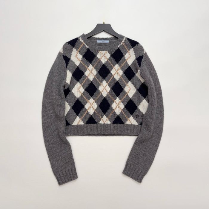 NIGO Prada Women's Spring/Fall Fashion Casual Crew Neck Diamond Pattern Cashmere Knit Sweater with Letter Embroidery Long Sleeve Pullover Top Sweater #nigo78838