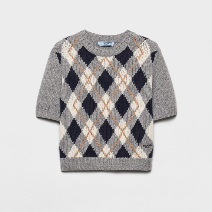 NIGO Prada Women's Spring/Fall Casual Fashion Round Neck Diamond Pattern Cashmere Knit Sweater Letter Embroidered Short Sleeve Pullover T-Shirt #nigo78837