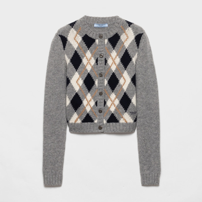 NIGO Prada Women's Spring/Fall Round Neck Single-Button Diamond-Pattern Cashmere Knit Cardigan with Letter Embroidery Long Sleeve Cropped Cardigan #nigo78839