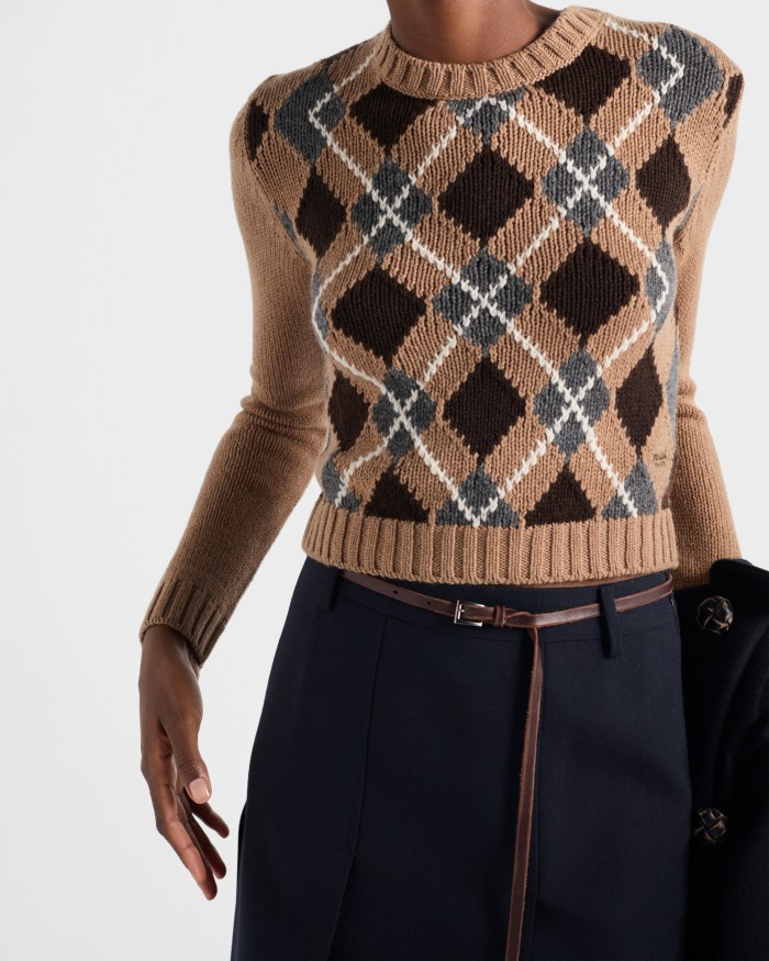 NIGO Prada Women's Spring/Fall Fashion Casual Crew Neck Diamond Pattern Cashmere Knit Sweater with Letter Embroidery Long Sleeve Pullover Top Sweater #nigo78838