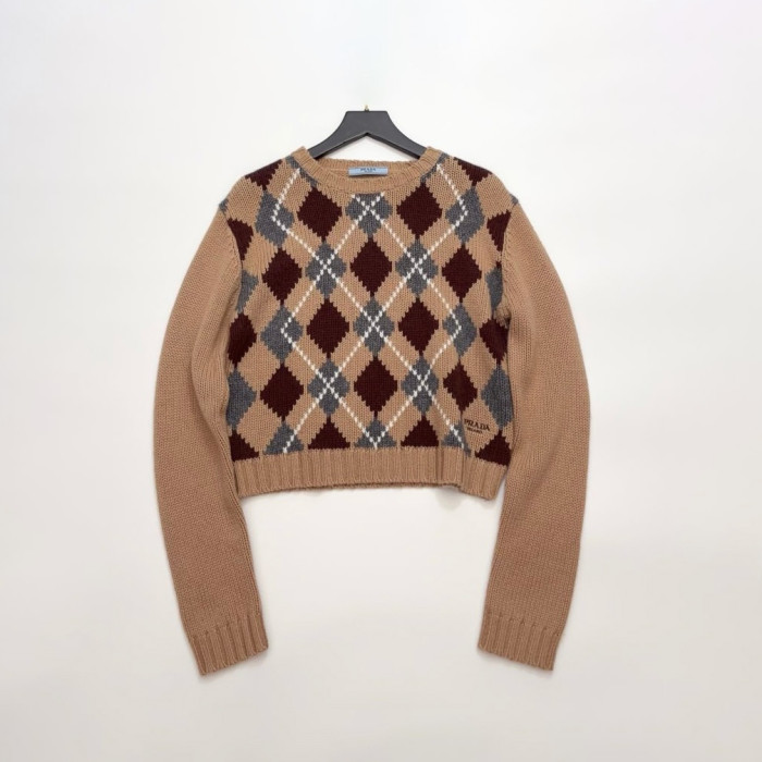 NIGO Prada Women's Spring/Fall Fashion Casual Crew Neck Diamond Pattern Cashmere Knit Sweater with Letter Embroidery Long Sleeve Pullover Top Sweater #nigo78838
