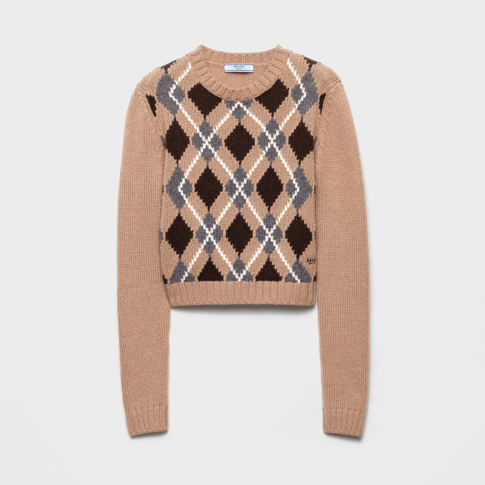 NIGO Prada Women's Spring/Fall Fashion Casual Crew Neck Diamond Pattern Cashmere Knit Sweater with Letter Embroidery Long Sleeve Pullover Top Sweater #nigo78838