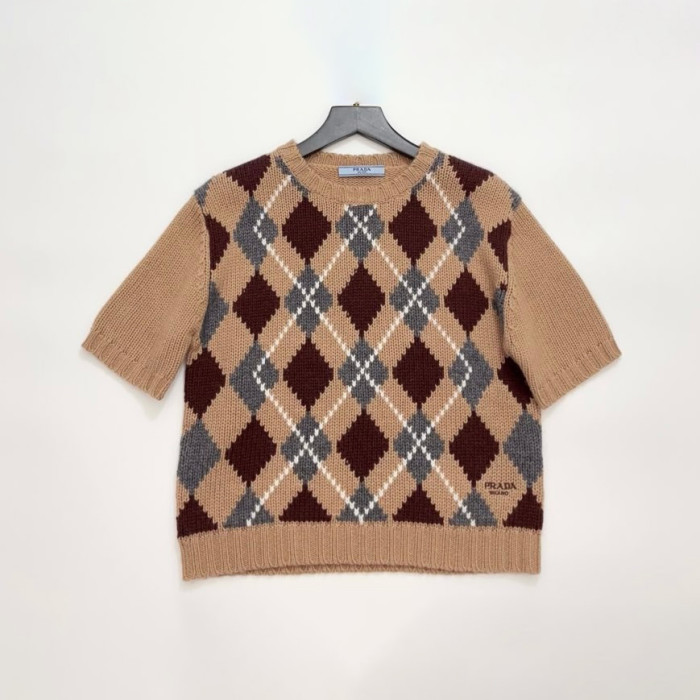 NIGO Prada Women's Spring/Fall Casual Fashion Round Neck Diamond Pattern Cashmere Knit Sweater Letter Embroidered Short Sleeve Pullover T-Shirt #nigo78837