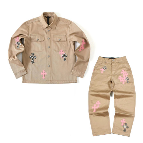 NIGO Chrome Hearts Men's Spring/Fall Casual Style Checkered Collar Single-Breasted Solid Color Shirt Jacket Set with Relaxed Fit Workwear Pants #nigo78854