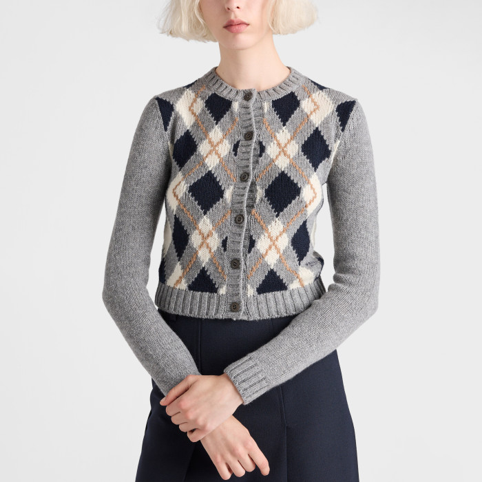 NIGO Prada Women's Spring/Fall Round Neck Single-Button Diamond-Pattern Cashmere Knit Cardigan with Letter Embroidery Long Sleeve Cropped Cardigan #nigo78839