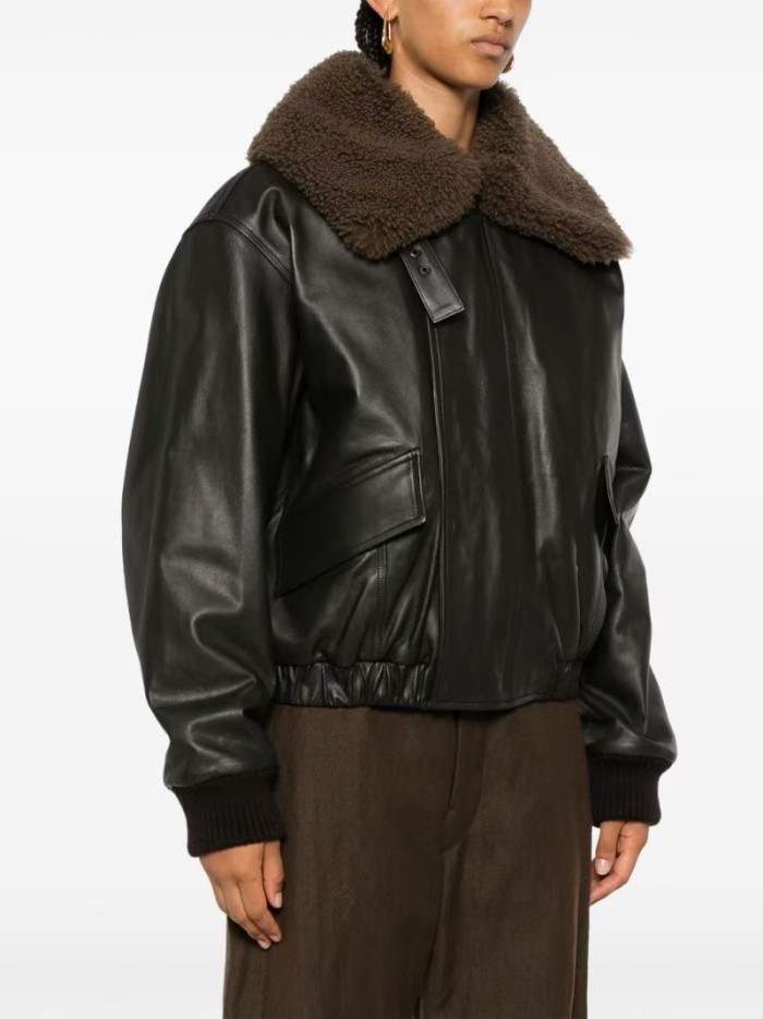 NIGO Lemaire Women's Autumn And Winter Fur Collar Zipper Short Solid Color Loose Long Sleeve Leather Jacket Ngvp #nigo2485