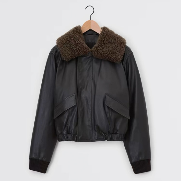 NIGO Lemaire Women's Autumn And Winter Fur Collar Zipper Short Solid Color Loose Long Sleeve Leather Jacket Ngvp #nigo2485