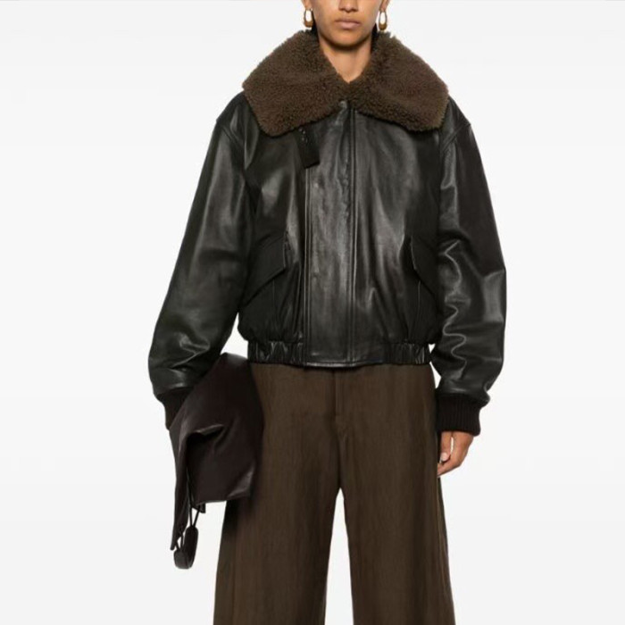 NIGO Lemaire Women's Autumn And Winter Fur Collar Zipper Short Solid Color Loose Long Sleeve Leather Jacket Ngvp #nigo2485