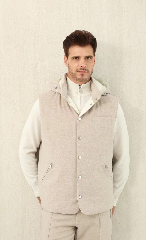 NIGO Brunello Cucinelli Men's Spring/Autumn Detachable Hooded Solid Color Single-Breasted Bonded Wool Flannel Down Vest Ngvp #nigo2293