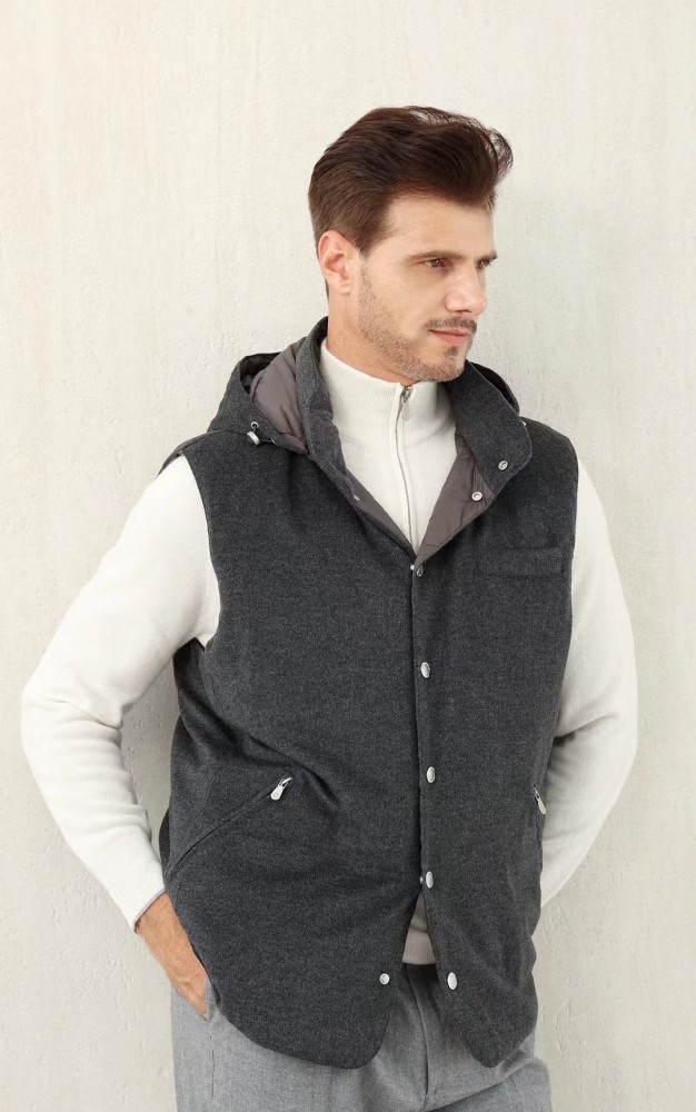 NIGO Brunello Cucinelli Men's Spring/Autumn Detachable Hooded Solid Color Single-Breasted Bonded Wool Flannel Down Vest Ngvp #nigo2293