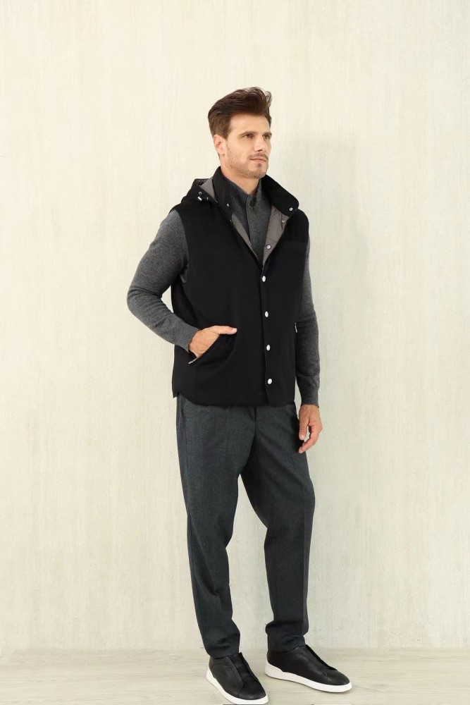 NIGO Brunello Cucinelli Men's Spring/Autumn Detachable Hooded Solid Color Single-Breasted Bonded Wool Flannel Down Vest Ngvp #nigo2293