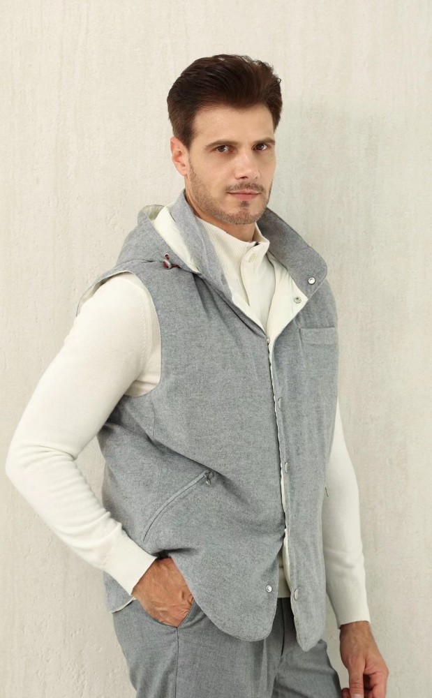 NIGO Brunello Cucinelli Men's Spring/Autumn Detachable Hooded Solid Color Single-Breasted Bonded Wool Flannel Down Vest Ngvp #nigo2293