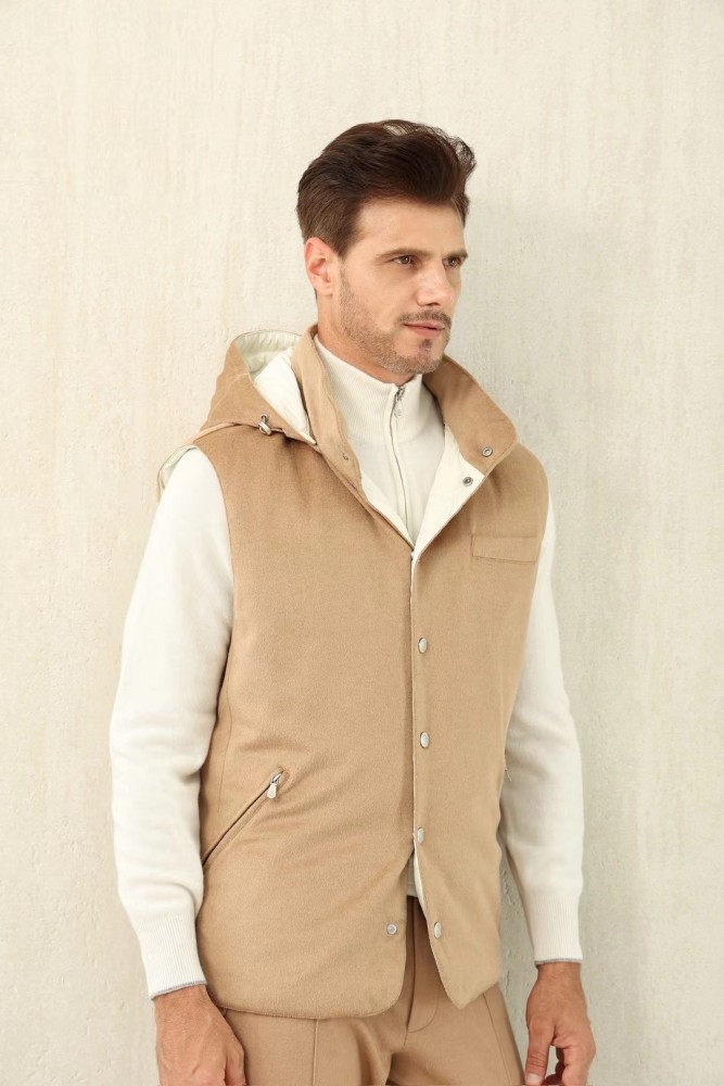 NIGO Brunello Cucinelli Men's Spring/Autumn Detachable Hooded Solid Color Single-Breasted Bonded Wool Flannel Down Vest Ngvp #nigo2293