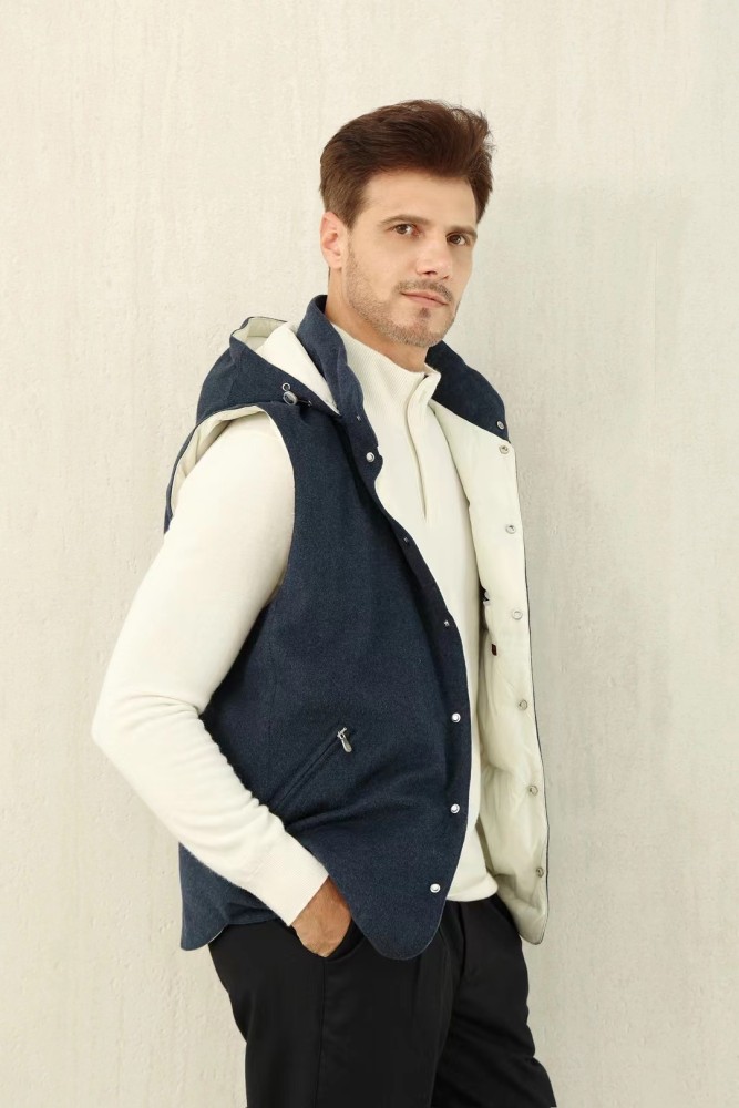 NIGO Brunello Cucinelli Men's Spring/Autumn Detachable Hooded Solid Color Single-Breasted Bonded Wool Flannel Down Vest Ngvp #nigo2293